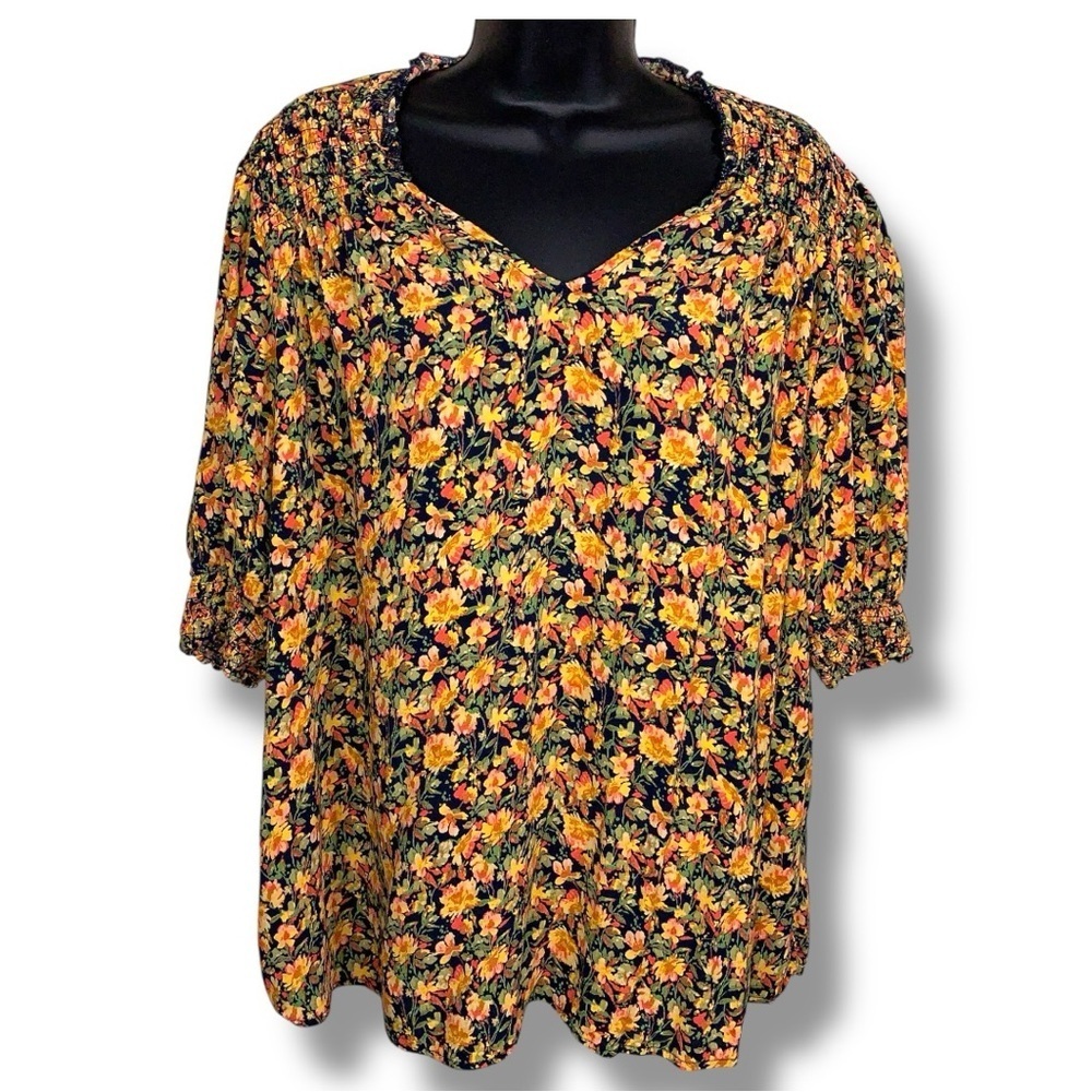 1X Terra And Sky Colorful Floral Peasant Top Orange Yellow Black Sweetheart Neck